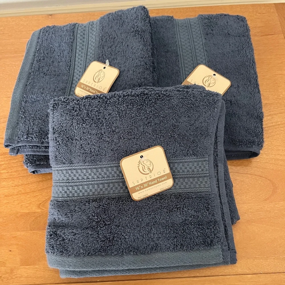 Superior Lush Hand Towel, Set of 3, River Blue, New with Tags, 16